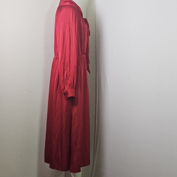 J.Crew Red Long Sleeve Tie Neck Midi Dress | Size L | Elegant Satin Look - Picture 4 of 15